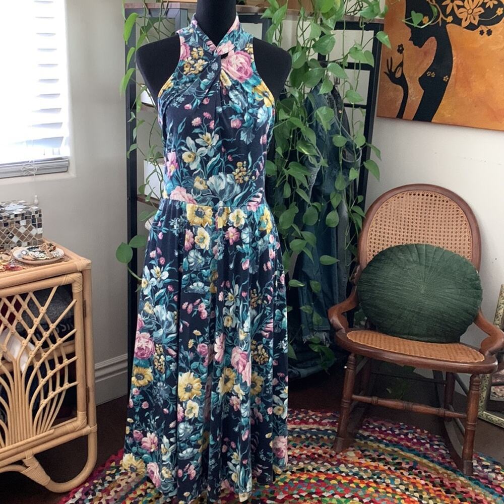 Vintage 70s/80s Bullocks Wilshire Floral Twist Front Drop Waist Boho Midi Dress
